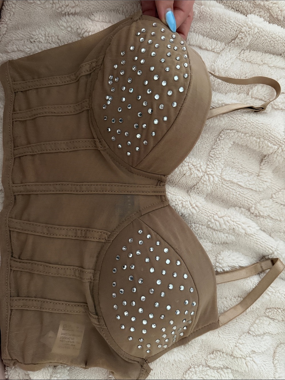 Rhinestone-Embellished Longline Bra - Tan